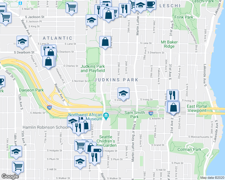map of restaurants, bars, coffee shops, grocery stores, and more near 2401 South Judkins Street in Seattle