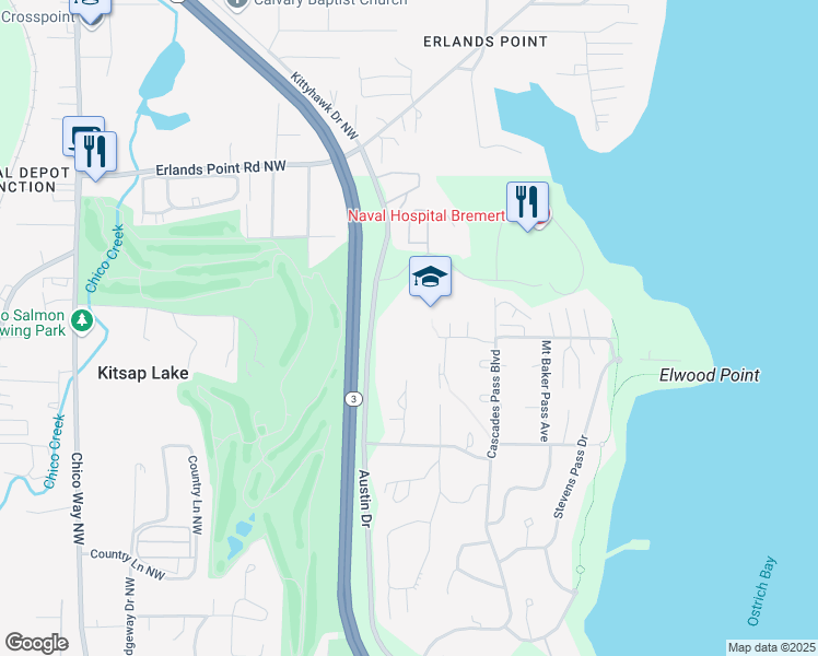 map of restaurants, bars, coffee shops, grocery stores, and more near 2900 Austin Drive in Bremerton