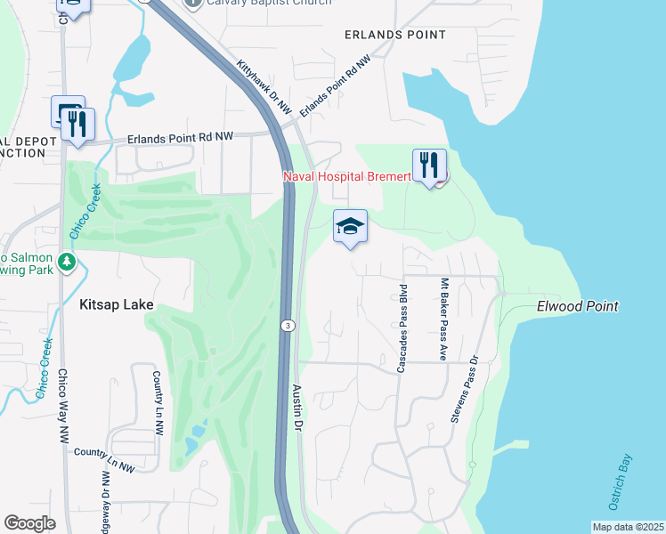 map of restaurants, bars, coffee shops, grocery stores, and more near 2900 Austin Drive in Bremerton
