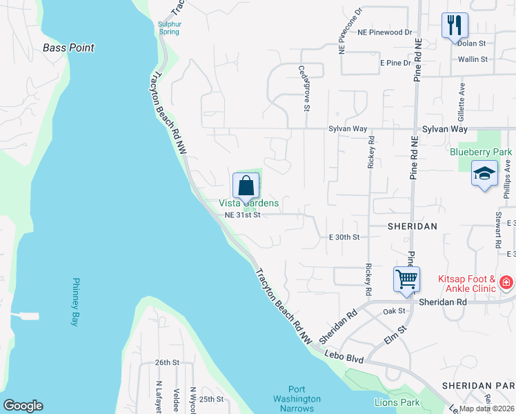 map of restaurants, bars, coffee shops, grocery stores, and more near 3201 Black Walnut Lane Northeast in Bremerton