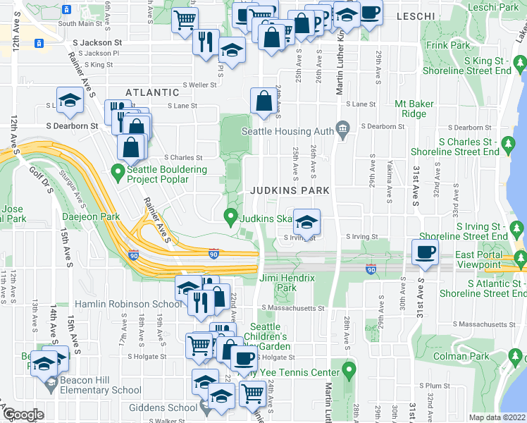 map of restaurants, bars, coffee shops, grocery stores, and more near 2300 South Judkins Street in Seattle