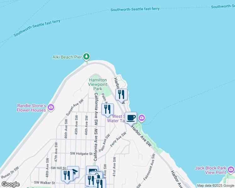 map of restaurants, bars, coffee shops, grocery stores, and more near 1315 Harbor Avenue Southwest in Seattle