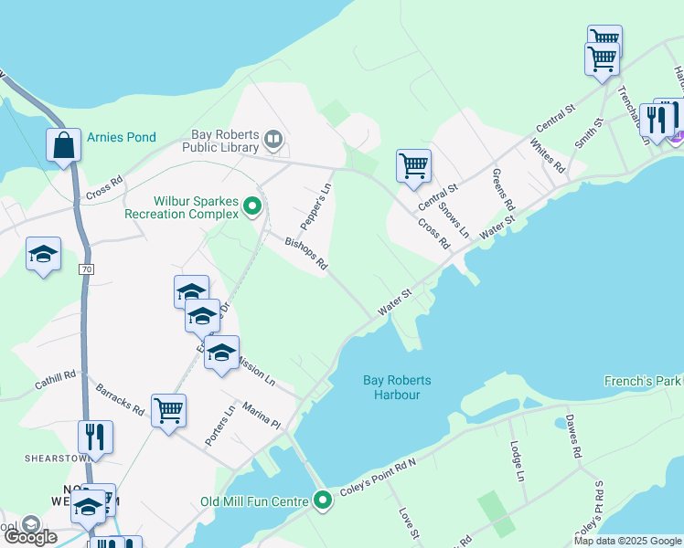 map of restaurants, bars, coffee shops, grocery stores, and more near 20 Bishops Road in Bay Roberts