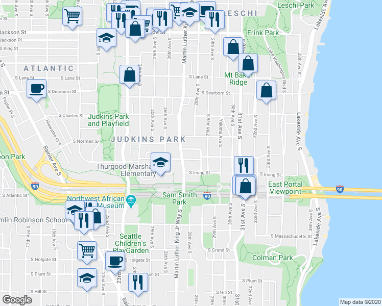 map of restaurants, bars, coffee shops, grocery stores, and more near 2725 South Judkins Street in Seattle