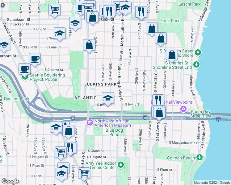 map of restaurants, bars, coffee shops, grocery stores, and more near in Seattle