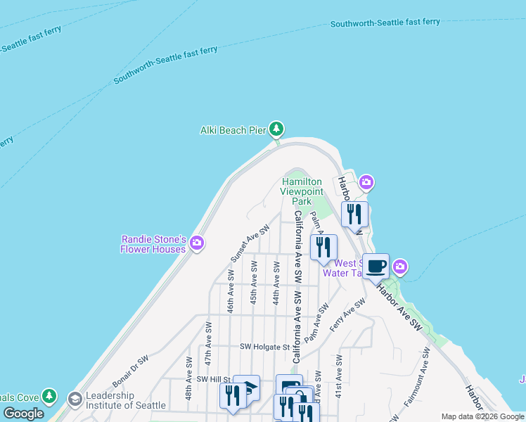 map of restaurants, bars, coffee shops, grocery stores, and more near 1313 Sunset Avenue Southwest in Seattle