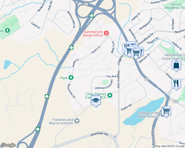 map of restaurants, bars, coffee shops, grocery stores, and more near 13 Edgecombe Drive in St. John's