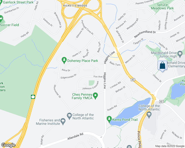 map of restaurants, bars, coffee shops, grocery stores, and more near 5 Blackwood Place in St. John's