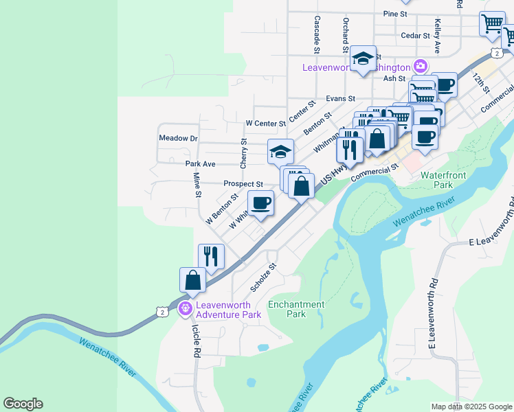 map of restaurants, bars, coffee shops, grocery stores, and more near 190 U.S. 2 in Leavenworth