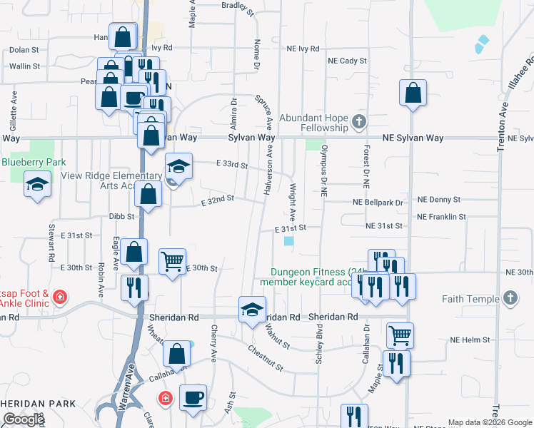 map of restaurants, bars, coffee shops, grocery stores, and more near 3202 Halverson Avenue in Bremerton
