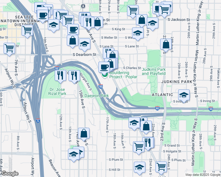 map of restaurants, bars, coffee shops, grocery stores, and more near 1800 South Bush Place in Seattle