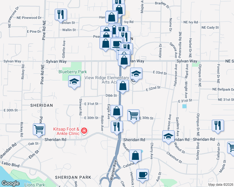 map of restaurants, bars, coffee shops, grocery stores, and more near 1114 Dibb Street in Bremerton