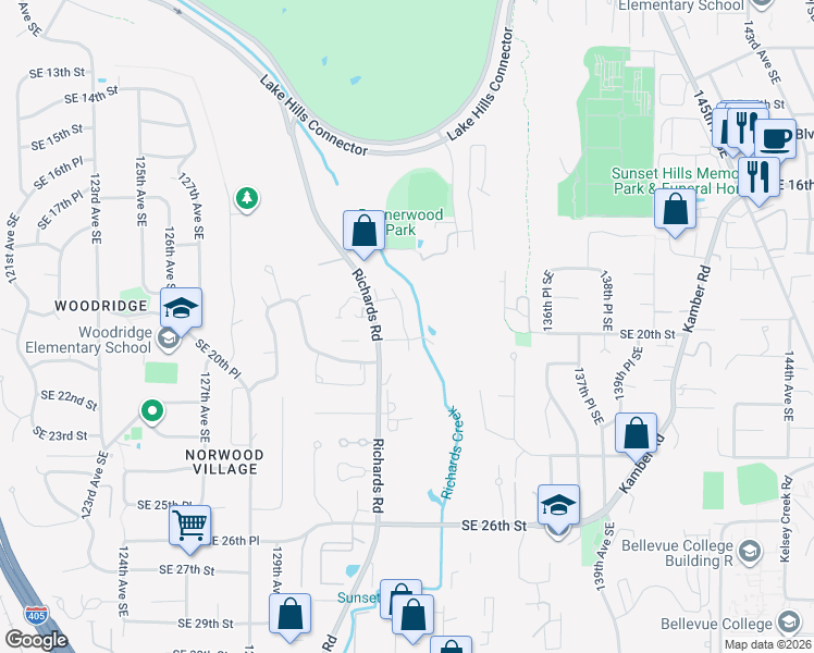 map of restaurants, bars, coffee shops, grocery stores, and more near 2090 132nd Avenue Southeast in Bellevue