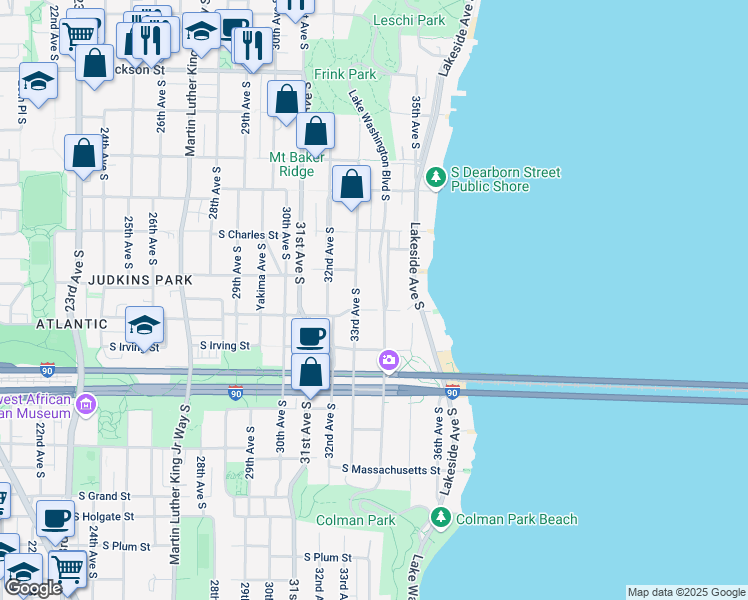map of restaurants, bars, coffee shops, grocery stores, and more near 1310 Lake Washington Boulevard South in Seattle