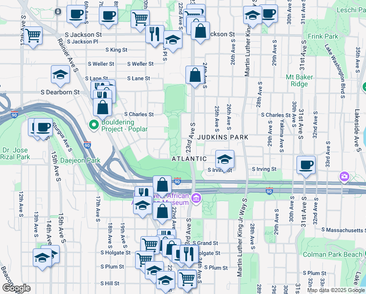 map of restaurants, bars, coffee shops, grocery stores, and more near 2300 South Judkins Street in Seattle