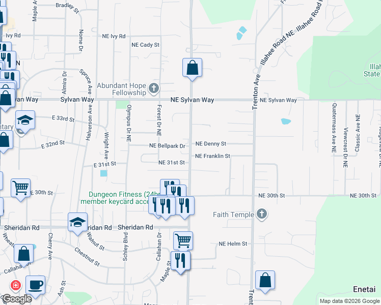 map of restaurants, bars, coffee shops, grocery stores, and more near 3249 Perry Avenue Northeast in Bremerton
