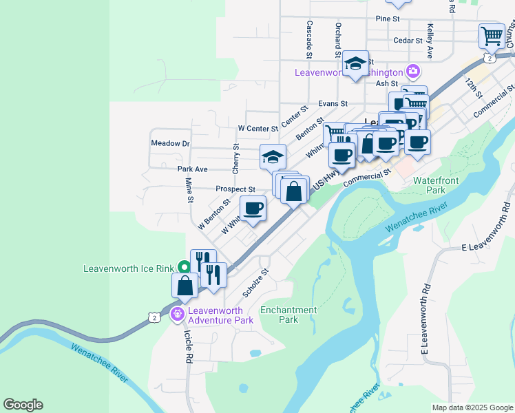 map of restaurants, bars, coffee shops, grocery stores, and more near 190 U.S. 2 in Leavenworth