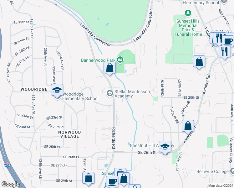 map of restaurants, bars, coffee shops, grocery stores, and more near in Bellevue