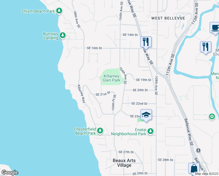 map of restaurants, bars, coffee shops, grocery stores, and more near 10233 Southeast 21st Street in Bellevue