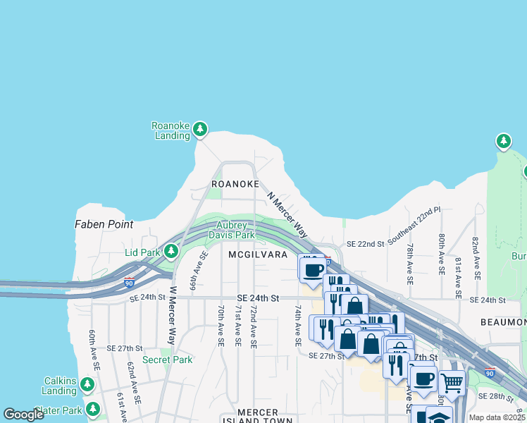 map of restaurants, bars, coffee shops, grocery stores, and more near 1991 72nd Avenue Southeast in Mercer Island