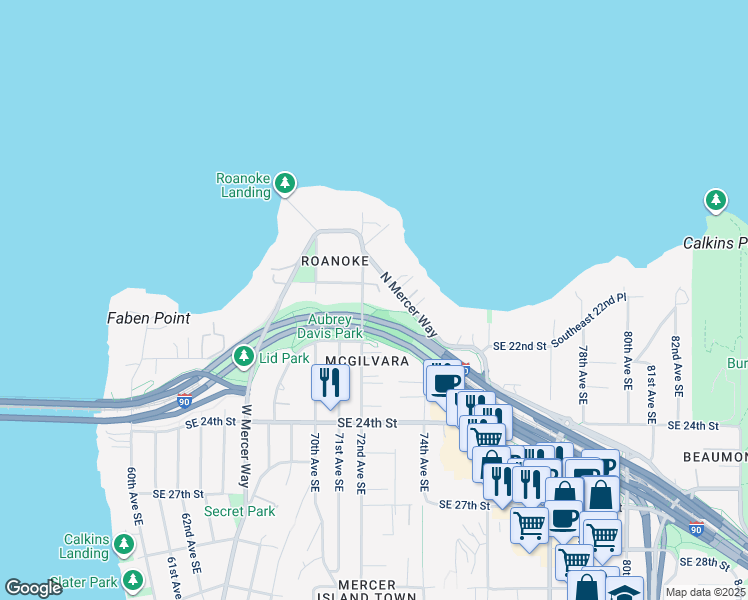 map of restaurants, bars, coffee shops, grocery stores, and more near 1991 72nd Avenue Southeast in Mercer Island