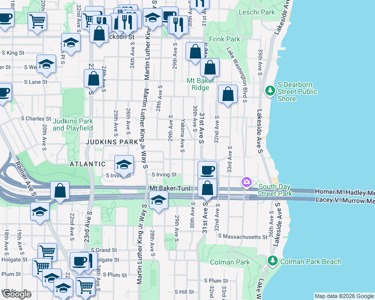 map of restaurants, bars, coffee shops, grocery stores, and more near 1300 30th Avenue South in Seattle