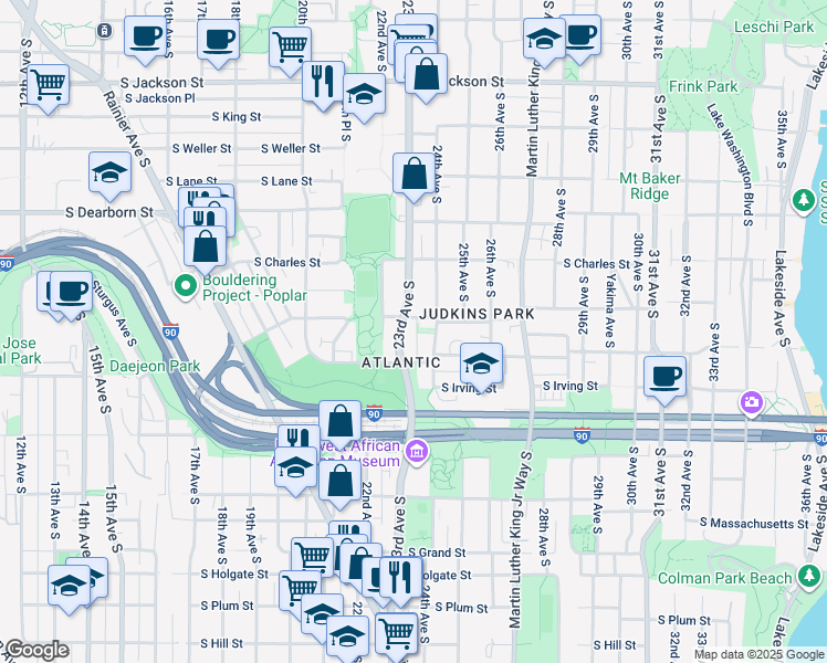 map of restaurants, bars, coffee shops, grocery stores, and more near 2300 South Judkins Street in Seattle