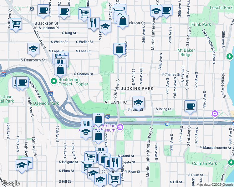 map of restaurants, bars, coffee shops, grocery stores, and more near 2300 South Judkins Street in Seattle