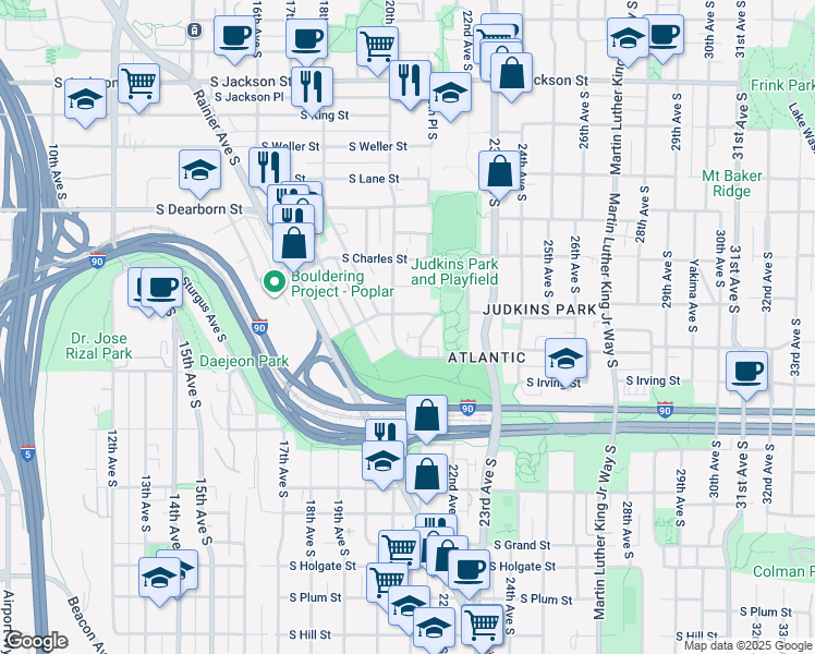 map of restaurants, bars, coffee shops, grocery stores, and more near 2014 South Judkins Street in Seattle