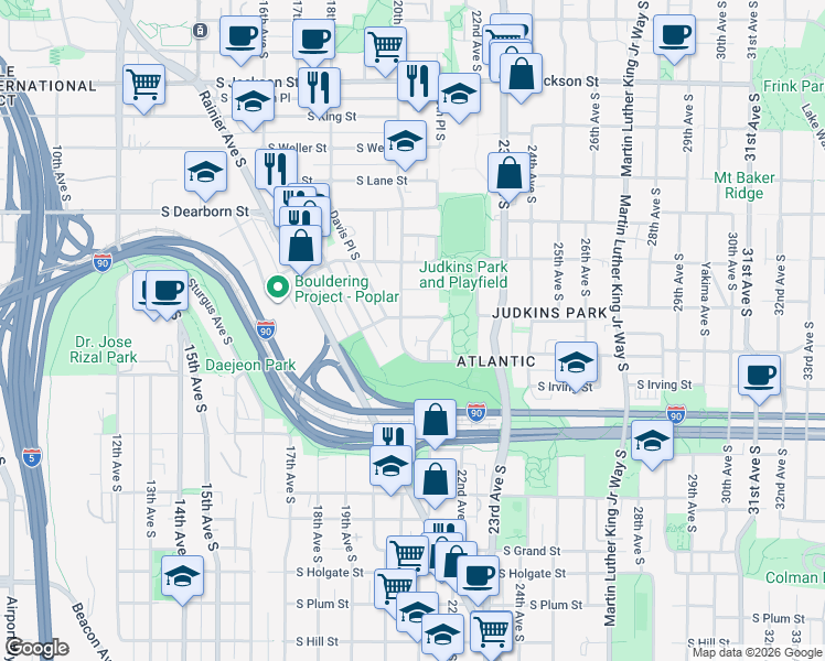 map of restaurants, bars, coffee shops, grocery stores, and more near 2014 South Judkins Street in Seattle