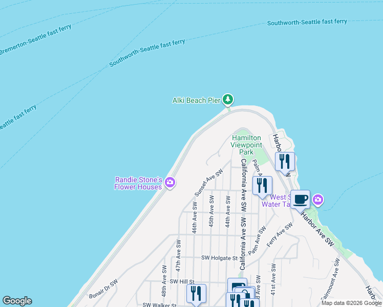 map of restaurants, bars, coffee shops, grocery stores, and more near 1338 Alki Avenue Southwest in Seattle