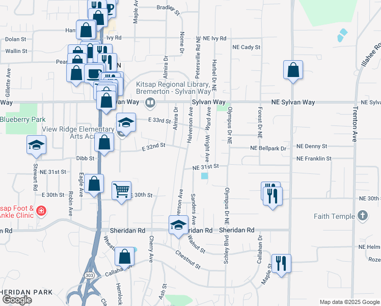 map of restaurants, bars, coffee shops, grocery stores, and more near 3202 Halverson Avenue in Bremerton