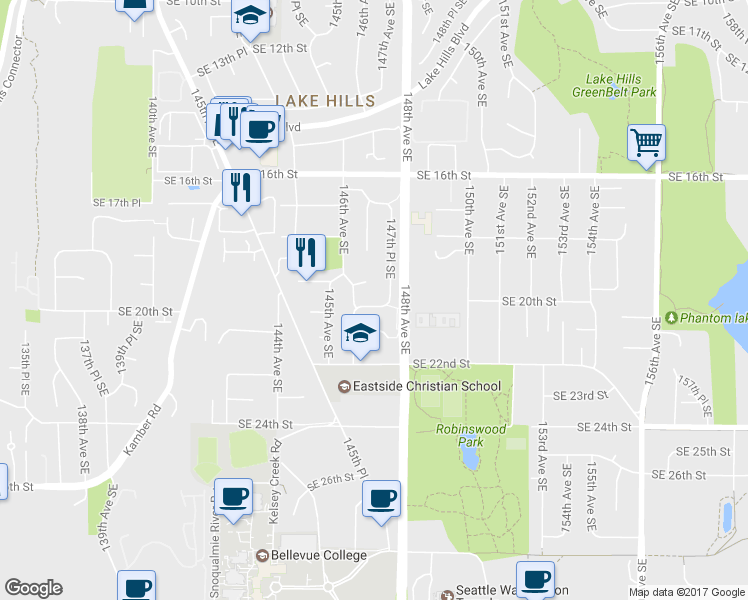 map of restaurants, bars, coffee shops, grocery stores, and more near 14614 Southeast 20th Street in Bellevue