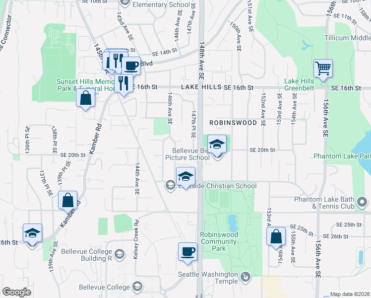 map of restaurants, bars, coffee shops, grocery stores, and more near 14614 Southeast 20th Street in Bellevue