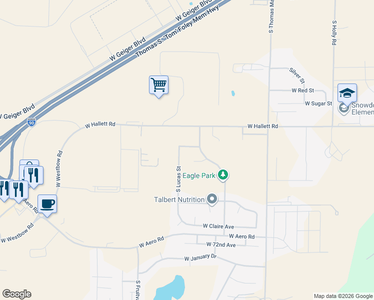 map of restaurants, bars, coffee shops, grocery stores, and more near 9625 Spencer Court in Cheney