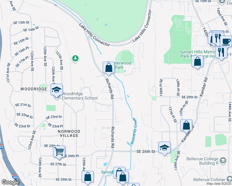 map of restaurants, bars, coffee shops, grocery stores, and more near 1900 132nd Avenue Southeast in Bellevue