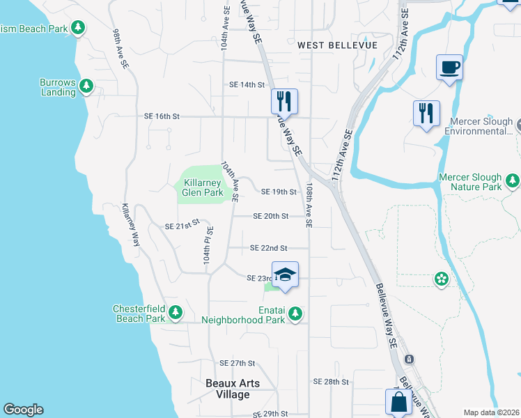 map of restaurants, bars, coffee shops, grocery stores, and more near 10436 Southeast 20th Street in Bellevue