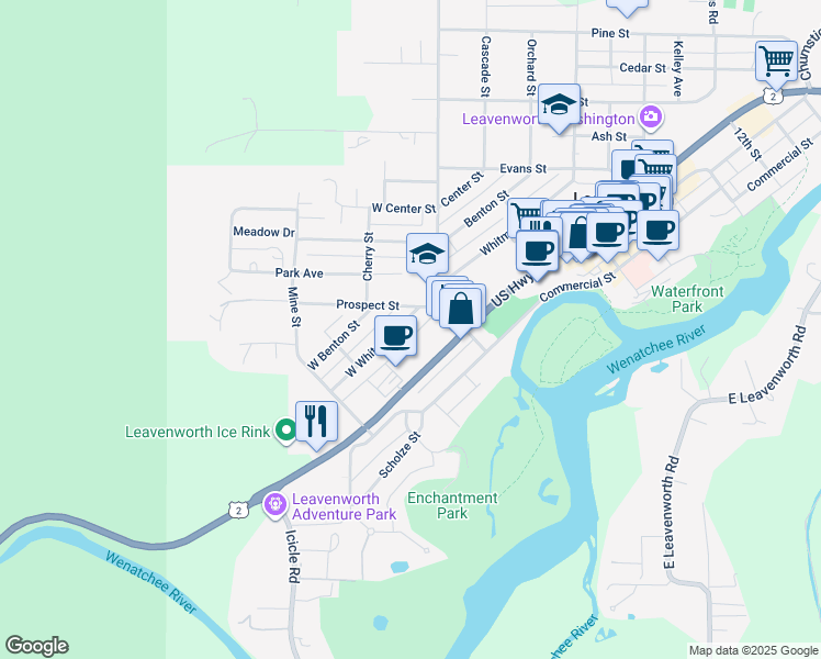 map of restaurants, bars, coffee shops, grocery stores, and more near 136 Prospect Street in Leavenworth