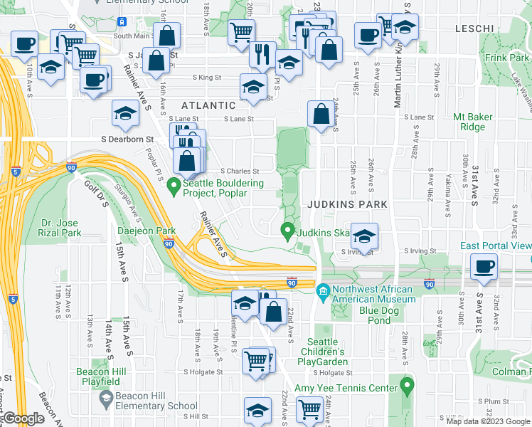 map of restaurants, bars, coffee shops, grocery stores, and more near 2015 South Ingersoll Place in Seattle