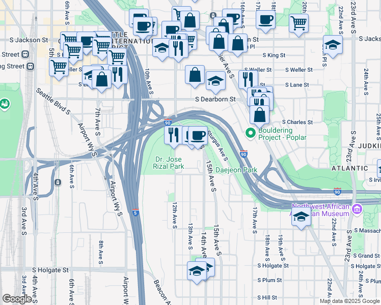 map of restaurants, bars, coffee shops, grocery stores, and more near 600 Golf Drive South in Seattle