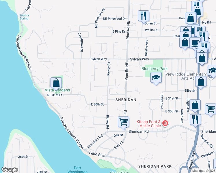 map of restaurants, bars, coffee shops, grocery stores, and more near 3269 Rickey Road in Bremerton
