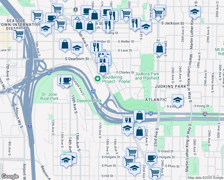 map of restaurants, bars, coffee shops, grocery stores, and more near 1130 Rainier Avenue South in Seattle