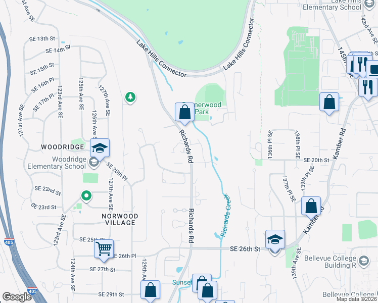 map of restaurants, bars, coffee shops, grocery stores, and more near 132nd Avenue Southeast in Bellevue