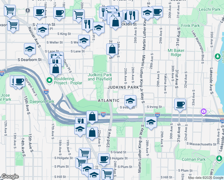 map of restaurants, bars, coffee shops, grocery stores, and more near 933 23rd Avenue South in Seattle