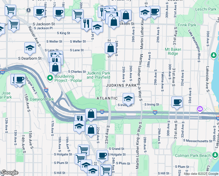 map of restaurants, bars, coffee shops, grocery stores, and more near 933 23rd Avenue South in Seattle