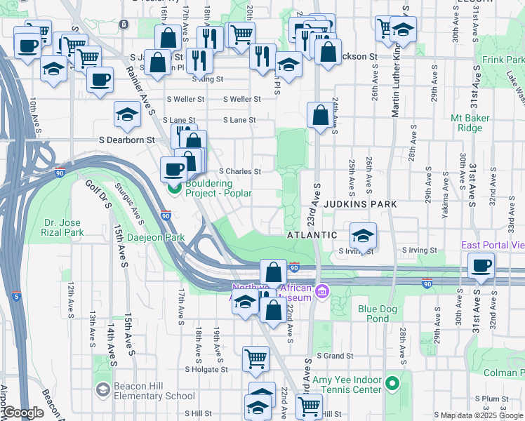 map of restaurants, bars, coffee shops, grocery stores, and more near 2015 South Ingersoll Place in Seattle