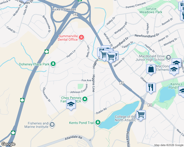map of restaurants, bars, coffee shops, grocery stores, and more near 155 Higgins Line in St. John's