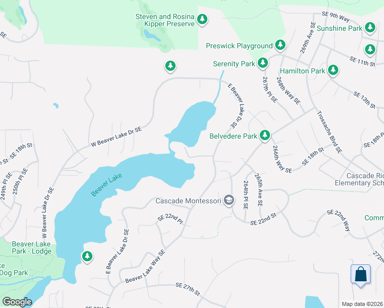 map of restaurants, bars, coffee shops, grocery stores, and more near Southeast 18th Place in Sammamish