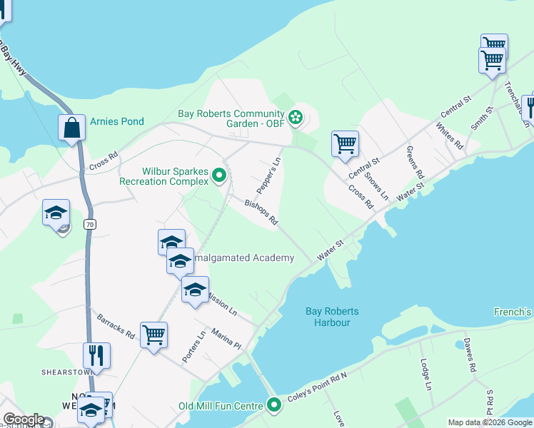 map of restaurants, bars, coffee shops, grocery stores, and more near Bishops Road in Bay Roberts