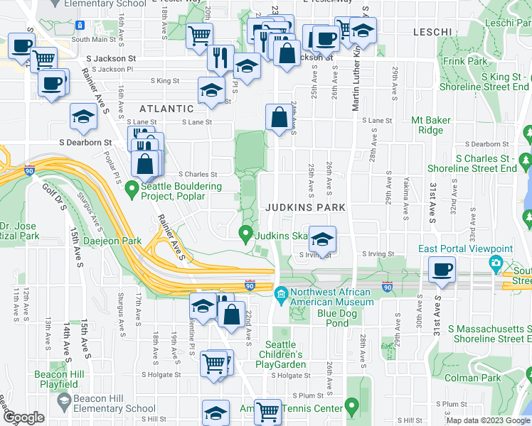 map of restaurants, bars, coffee shops, grocery stores, and more near 1101 23rd Avenue South in Seattle